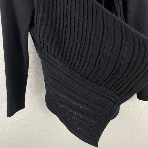 Eileen Fisher Size L Black Felt Ladder Wool Blend Drape Front Sweater Cardigan - Picture 4 of 7